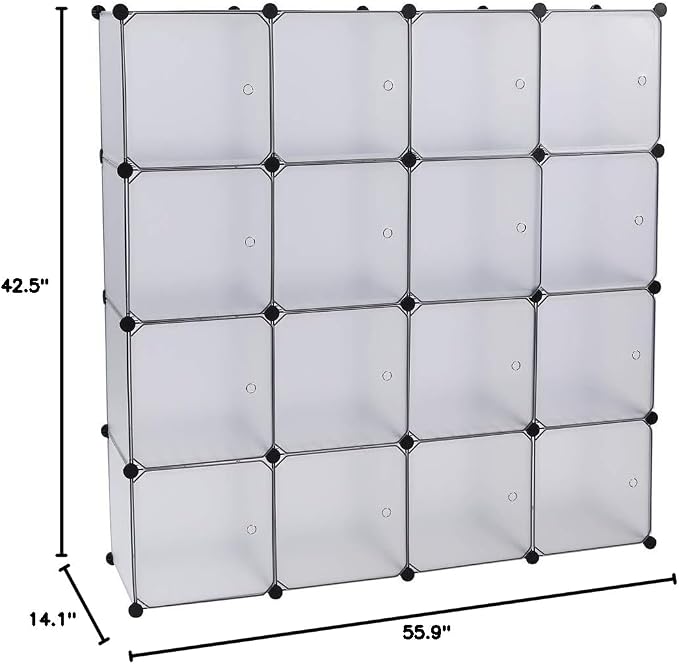 16 Cubes Storage Organizer,Portable Closet Wardrobe,Plastic Clothes Storage Shelves,Modular Bookcase Closet Cabinet,with Doors,for Kitchen, Bedroom, Playroom, Living Room, Office, Dorm (White)