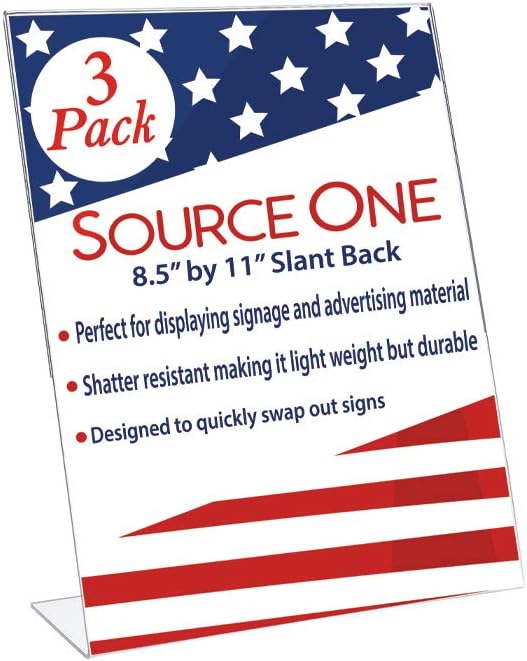 SOURCEONE.ORG 8.5 x 11 Thick Acrylic Slant Back Sign Holder, Ad Frame, Picture Frame, Clear sign holder, Acrylic flyer holder for Business, Office, Events, Trade Shows, Museums, Retail Stores (3 Pack)