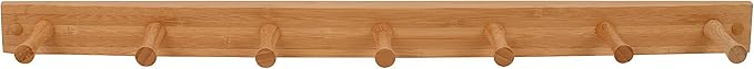 Spectrum 7 Peg Wall Mount Peg Rack Wooden Storage Organizer for Coats Hats Purses Towels, Includes Mounting Hardware and Decorative Plugs, Tie Rack Hanger Belt Holder Closet Accessory, Bamboo Color