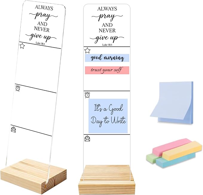 Sticky Note Holder, Monitor Memo Board, Sticky Note Board for Desk, Acrylic Desk Buddy with Wooden Base, Includes 200 Notes, Religious “Always Pray and Never Give Up Luke 18:1”