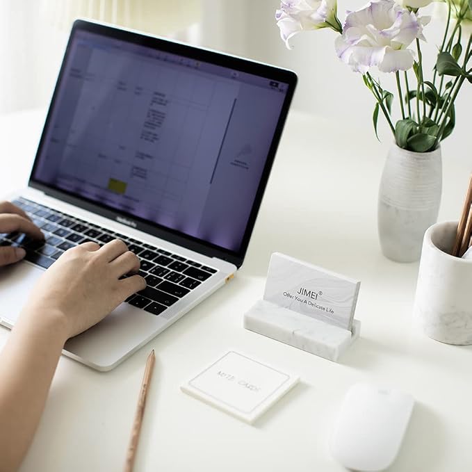 JIMEI Marble Business Card Holder for Desk Organizer Stand 25 Cards Display | White Carrara Marble, holds up to 25 cards,Elegant Minimal Style, Practical Cute Office Desktop Organizer For Men & Women