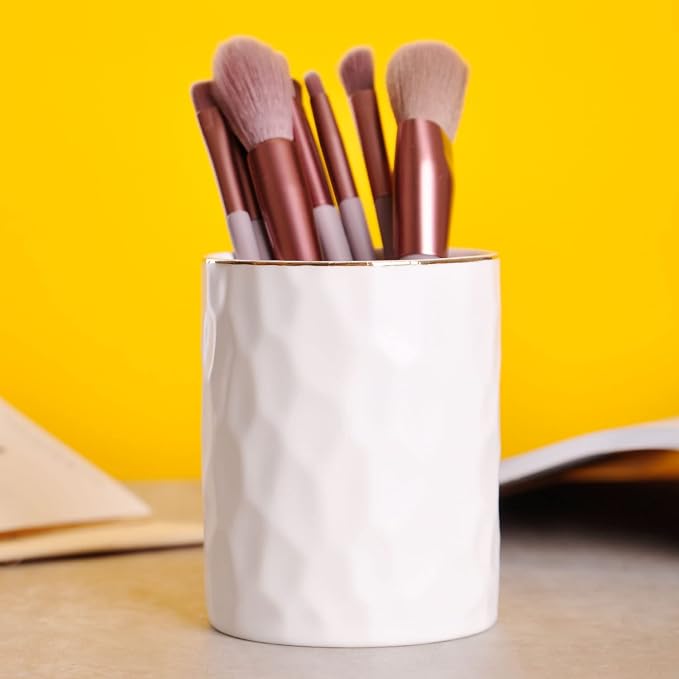 WHJY Ceramic White Pencil Cup, Makeup brushes Holder, Gold Pen Holder for Desk Cute Small Boho Brush Holder, Modern Geometry Design Pen Holder