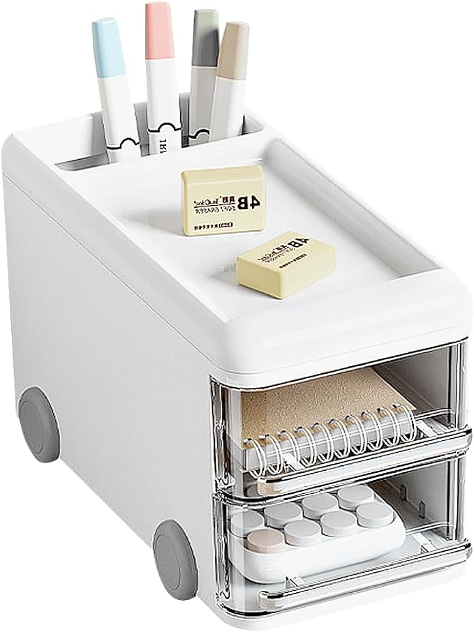 LETURE Cute Desk Organizer with drawers, Plastic Desktop Storage for Business Card/Pen/Pencil/Mobile Phone/Stationery Holder Box, Desktop Organizer for Office School Home (White)