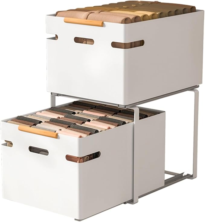 Pull Out Storage Basket,bedroom Closet Storage Racks,2-tier Stackable Storage Bins,20kg Weight Capacity,for Kitchen Bathroom Cabinets(White,43x32x55.2cm)