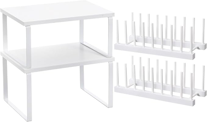 Marsui 4 Pcs Kitchen Organizer Accessories Set for Cabinet,White | Cabinet Organizer Shelves, Bamboo Dish Drying Plate Rack, Wooden Counter Storage Holder, for Spice Dish Pot Lid Bowl Cup