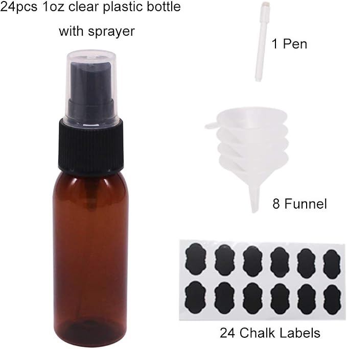 1 oz 24 Pack Amber Plastic Spray Bottles for Essential Oil, Perfume | Travel Bottles With Fine Mist Sprayer, Funnel, Chalk Labels for Aromatherapy, Alcohol