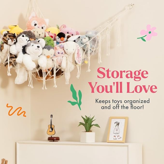 Lilly's Love Stuffed Animal Storage Macrame Hammock, Large - Boho Room Decor Toy Storage - Corner Hanging Plushie Stuffed Animal Net Organizer (Black)