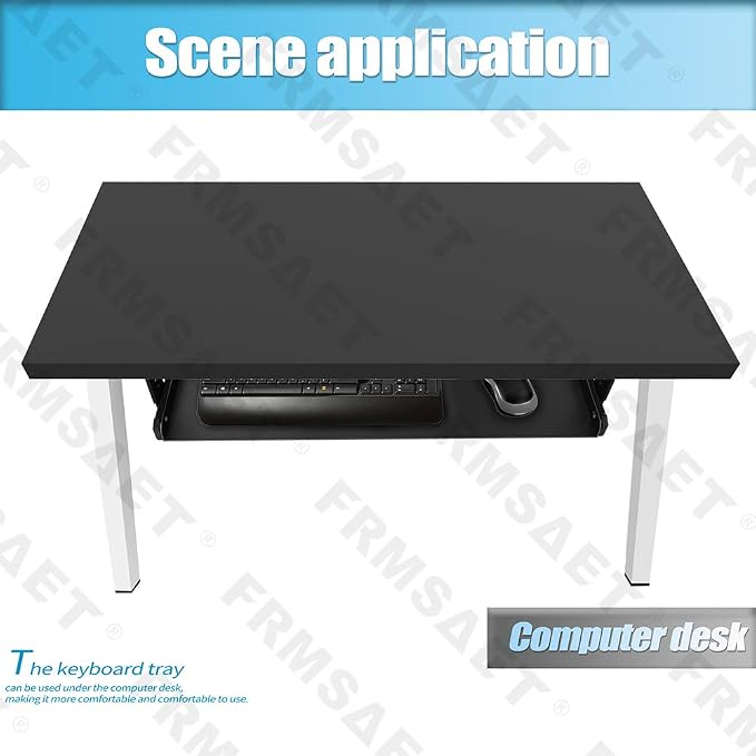 FRMSAET Under Desk Keyboard Tray Heavy-Duty All-Metal Material 20/24/30 inches Platform Computer Drawer Organizer Home Office Kitchen Bedroom Garage Storage Tool - Easy to Install.(24 inches, Black)