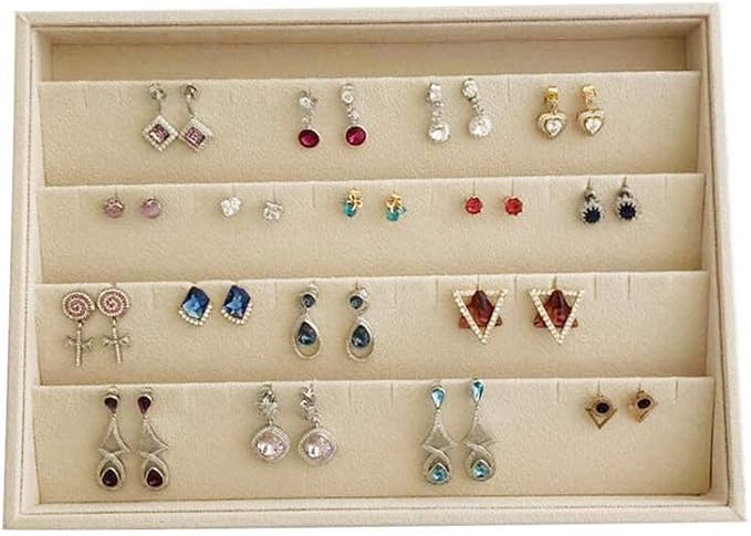Premium Grade Beige Velvet Jewelry Organization Tray for Earrings Drawer Insert Stackable Closet Organizer