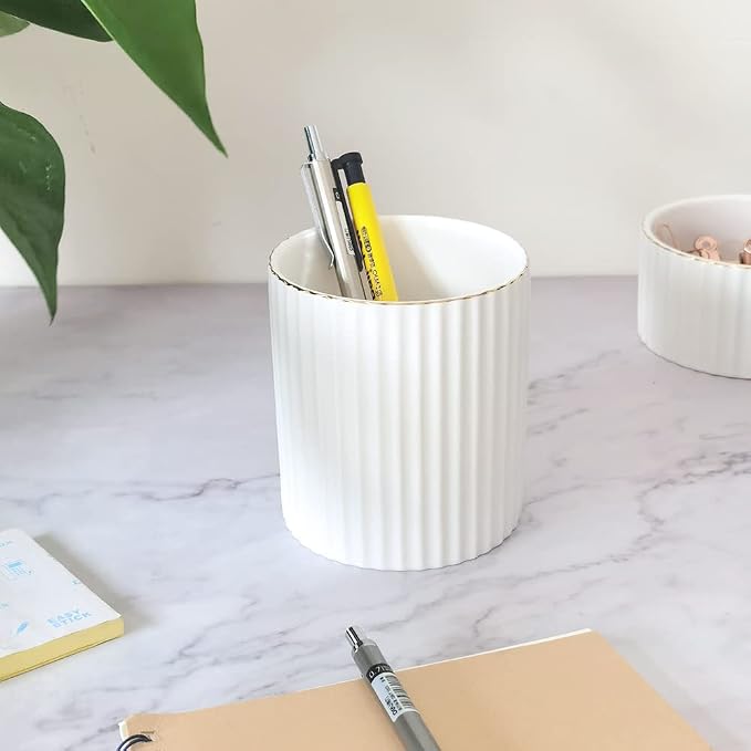 CROWNOS Pen Holder for Desk, Ceramic Pencil Cup Office Desk Organizer, Makeup Brush Holder, White
