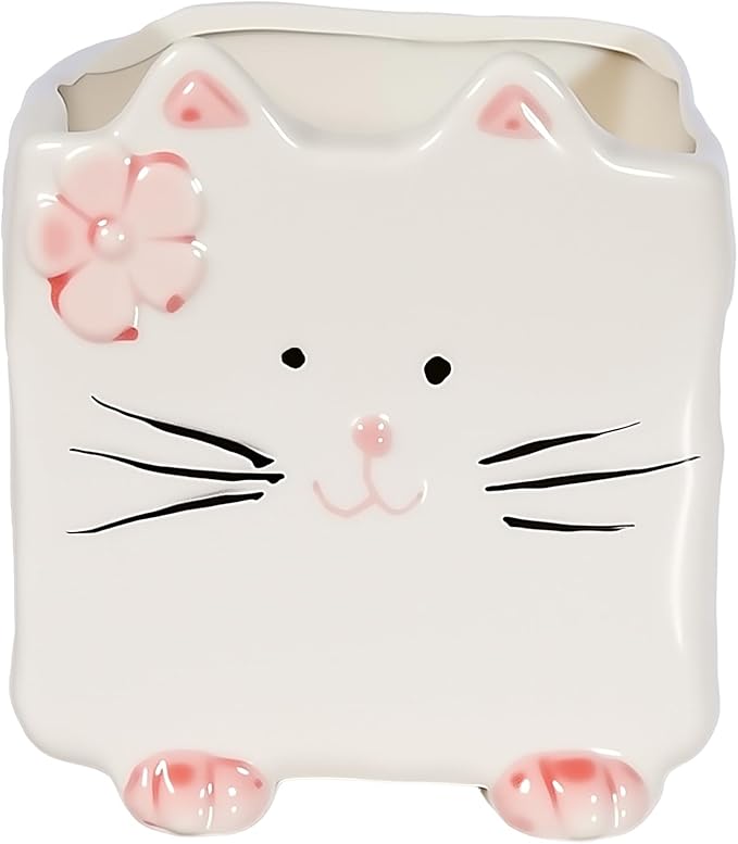 Ceramic Cat Shaped Pen Pencil Holder for Desk Decoration Accessories Cat Decor Makeup Brush Pen Cups Succulent Plant Pot Office School Ideal Gifts for Women, Mom or Birthdays