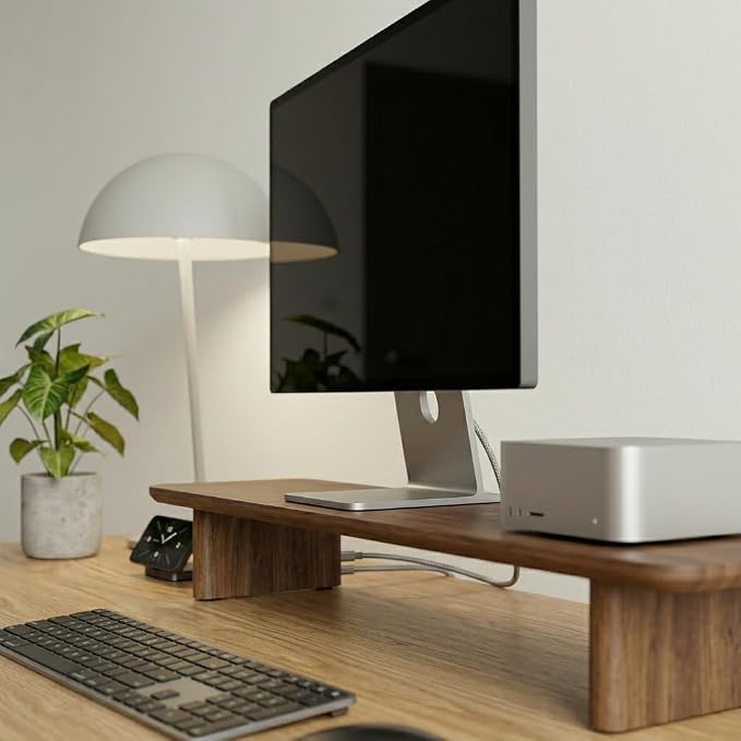 Walnut Single Monitor Stand Riser - 31.5" Wooden Monitor Stand for iMac, Laptop & Monitor, Minimalist Desk Shelf Organizer, Natural Wood Grain