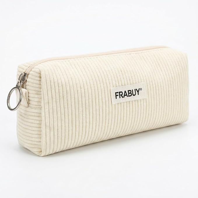 Soft Corduroy Pencil Case Pen Pouch Organizer, Small Stationery Bag | Cute white pencil pouch, smooth zipper, daily cosmetics holder, compact organizer for school teen girls, women