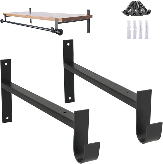 AddGrace Closet Rod Bracket Heavy Duty Shelf Brackets Black 6 Inch 2 Pack | Fit for Closet Wardrobe Laundry Room and Kitchen, with Hook, Store Above and Hang Below, Supports 66 lbs, Easy to Install