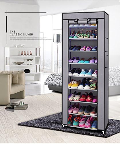 Shoe Rack, 10 Tier Shoe Organizer with Dust Cover, Shoe Storage Shelf for 20-27 Pairs of Shoes, Designed for Doorways, Entryway, Suitable for Sneakers, High Heels, Flats, and Boots (Grey)