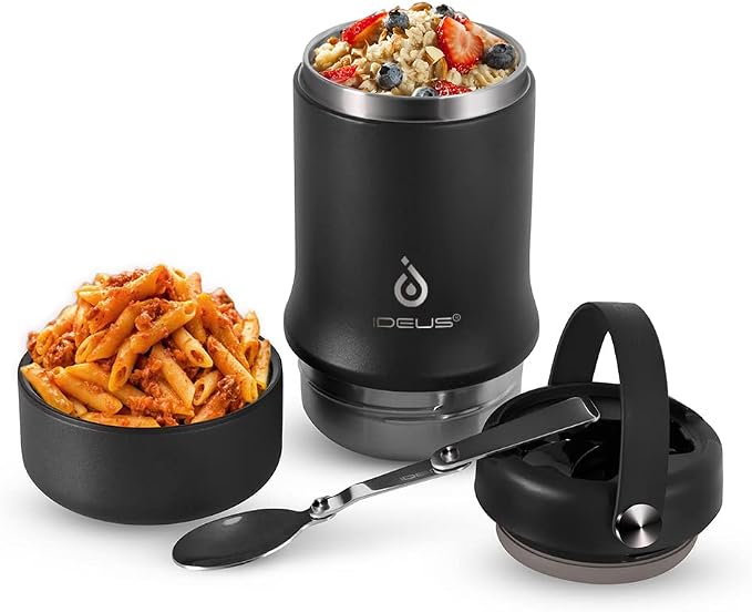 Ideus Soup Thermo with Foldable Spoon and Bowl 20oz, All-in-one Insulated Bento Lunchbox Stainless Steel Leakproof Portable Soup Container Vacuum Thermal Food Jar for Lunch, Black