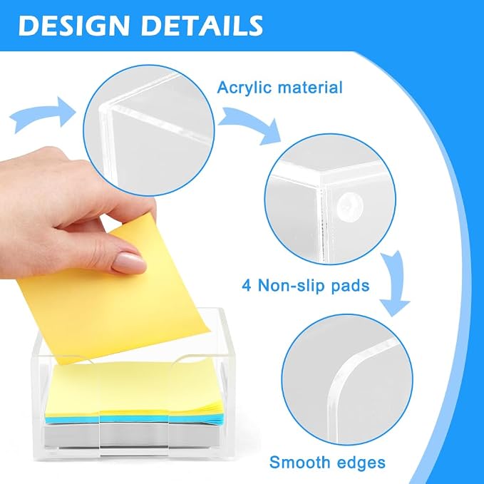 Acrylic Sticky Note Holder,3 x 3 Crystal Clear Acrylic Notepad Holder,Acrylic Sticky Note Dispenser Sticky Notepad Holder for Dorm Room and Office Desk Organizer