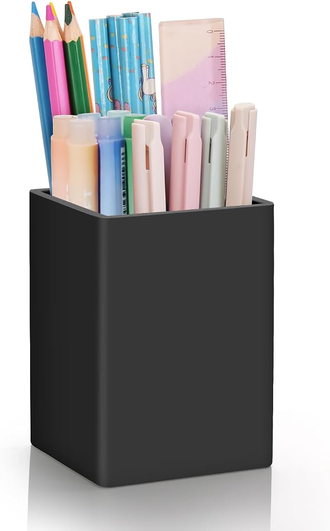 Pen Holder for Desk,Nordic Elegance Square Silicone Pencil Holder Soft Minimalist Desk Pen Cup Stand Waterproof Multifunctional Office Supplies for Home,Kids and School(Black)