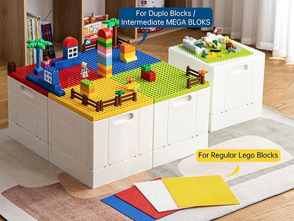 SHIMOYAMA Collapsible Kids Storage Box with Building Base for Lego Duplo Blocks, 26 Qt. Toy Organizer for Boys and Girls, 25L Stackable Toy Chests for Children, Green