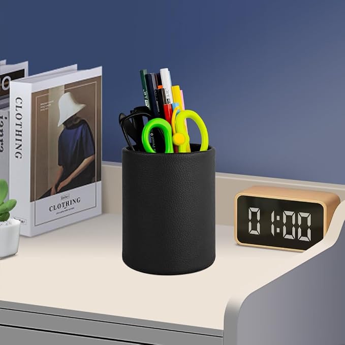 Black Pen Holder, Leather Pencil Holder, Simple pen cup, Elegant pen holder for desk, Desktop pencil cup, Stationery Organizer for Office School Home Dorm (Black)