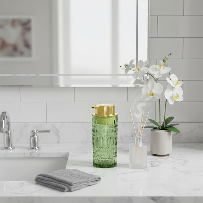 Foaming Soap Dispenser, Bathroom Green Glass Foam Soap Dispenser, Refillable 14 Oz Foam Pump Bottle Container with Gold Pump, Decorative Dish Soap Dispenser for Kitchen