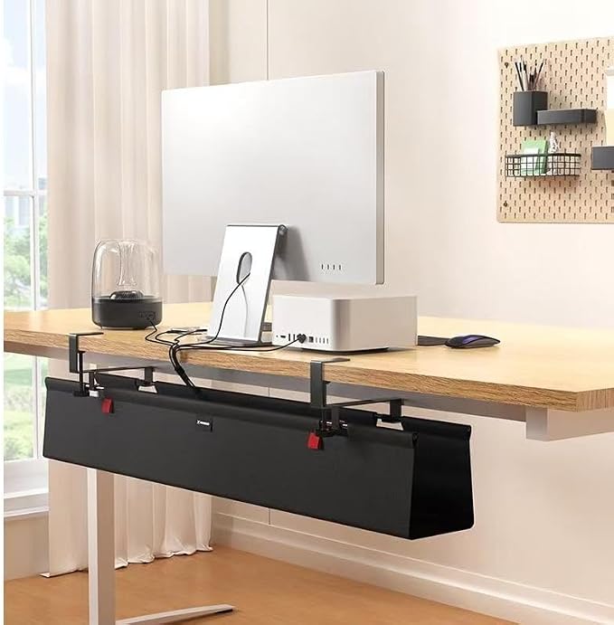 Under Desk Cable Management Tray, 90CM Extra Large, No-Drill Clamp Mount Cable Organizer, Hide Power Strips, Adapters & Wires, Easy Access Fabric Cable Basket for Standing Desks & Home Offices