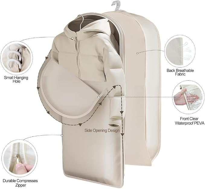3PCS Space Saving Hanging Garment Bag with Self Compression Zipper, Cotton Garment Bag with A Clothes Roller Sticky and 12PCS Clips, Compression Down Jacket Storage for Suits, Padded Clothes, Shirts
