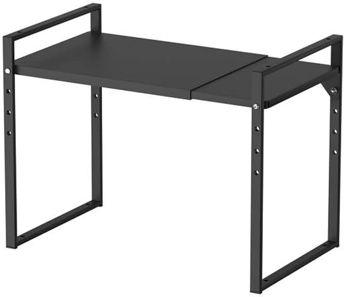 iPEGTOP Extendable Microwave Oven Rack, Adjustable Height Microwave/Toaster Shelf Heavy Duty Metal Pantry Shelf Space Riser Stand Organizer,Black