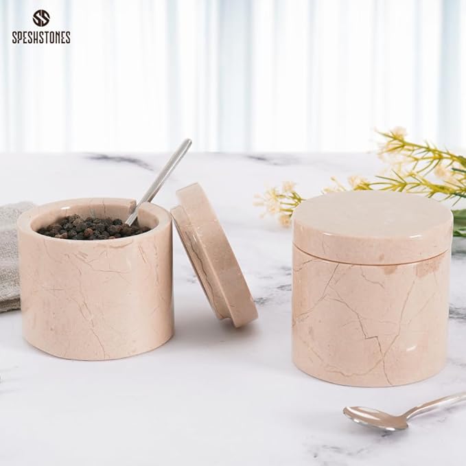 Marble Salt Cellar 3 Inch Beige Salt Shakers Set for Kitchen, Salt Containers for Countertop, Sugar Bowl With Lid, Salt Holder, Spice Jars for Seasoning Storage, Salt Box