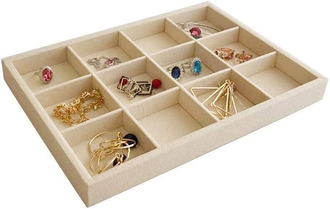 Beige Velvet Jewelry Accessory Organizer Tray 12 Compartment, Stackable Ring & Earring Display Tray, Removable Dividers, Slim Drawer Insert for Rings Earrings Small Jewelry, Dressing Table