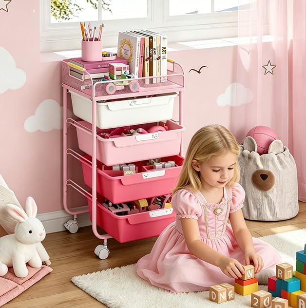 SYKIARIOL 4-Drawer Rolling Storage Cart with Mesh Top, Utility Craft Organizer Cart on Wheels with DIY Labels, Rolling Drawer Cart for Home Office Classroom Bedroom, Rose Pink