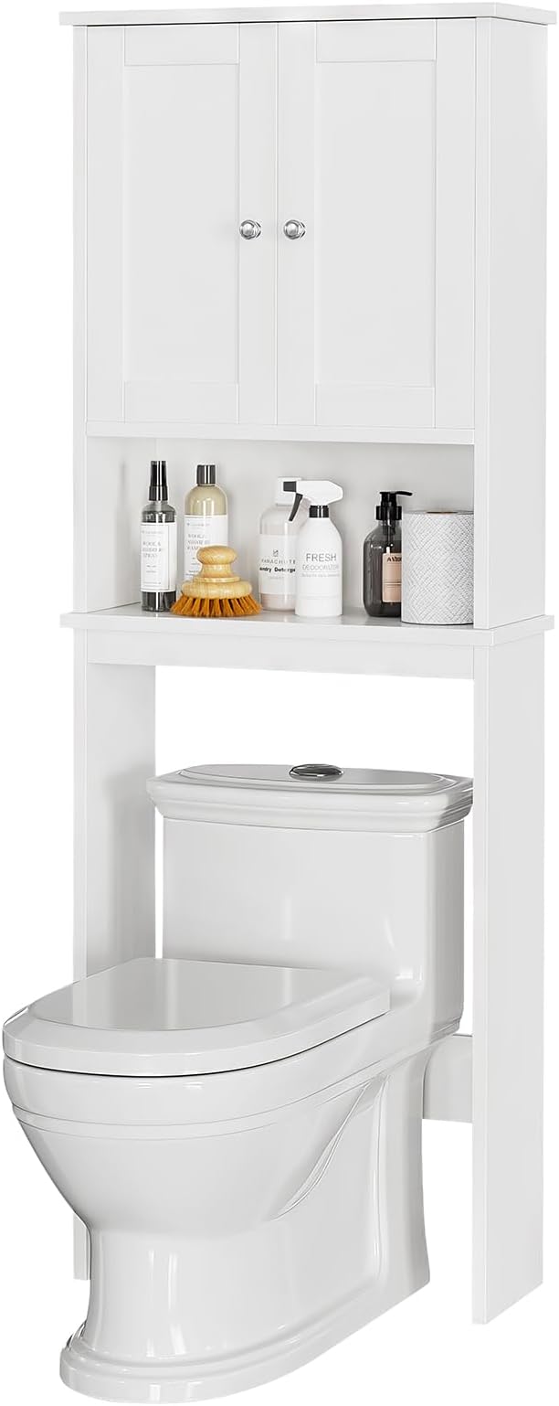 Over the Toilet Storage Cabinet, Bathroom Storage Organizer Over Toilet, Space Saver W/Adjustable Shelf & Open Shelf, White