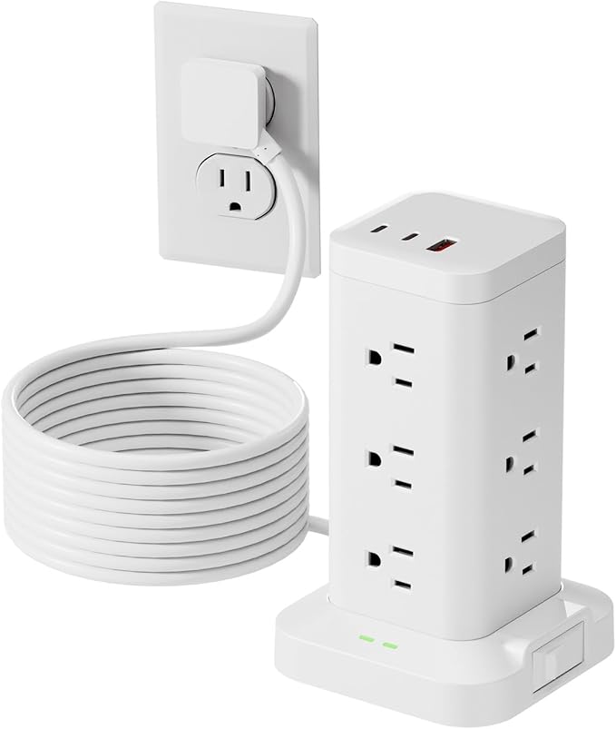Power Strip Tower with Surge Protector 1800J, Fast Charging Tower PD20W USB-C Ports with 12 AC Outlets, Extension Cord for Home Office Dorm Room, 15ft, White