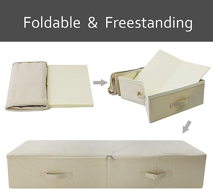 39.4" Folding Under Bed Storage Organizer Baskets for Closet, Bedding,Beige | Pack of 2, 39.4"X16.9"X7",Foldable & Washable Underbed Storage Organizer Containers for Clothing, Shoes, Bedding, Bedroom