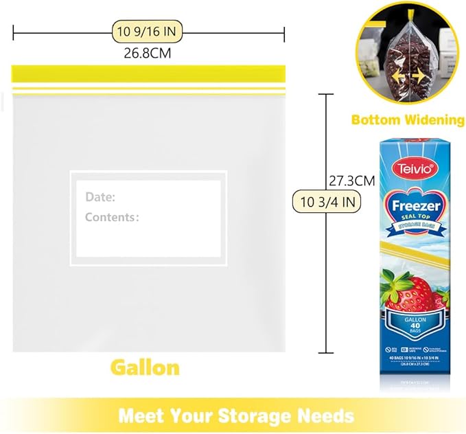 Teivio Gallon Freezer Bags 240 Count (6 Pack of 40), Double Zipper Seal, BPA-Free Plastic Food Storage Bags, Write-On Space, for Home, Kitchen, Travel, Camping, Snacks, Sandwich bags