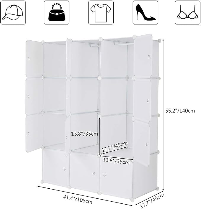 12 Cubes Storage Organizer,Portable Closet Wardrobe,Plastic Clothes Storage Shelves,Modular Bookcase Closet Cabinet,with Doors,for Kitchen, Bedroom, Playroom, Living Room, Office, Dorm (White)