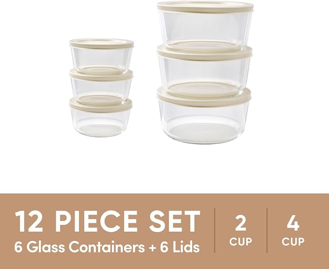 12-Piece Glass Food Storage Containers Set (6 Containers + 6 BPA-Free Lids) | 2-Cup & 4-Cup, Leakproof | Microwave, Freezer, Oven & Dishwasher Safe | Ideal for Meal Prep & Pantry Organization, Beige