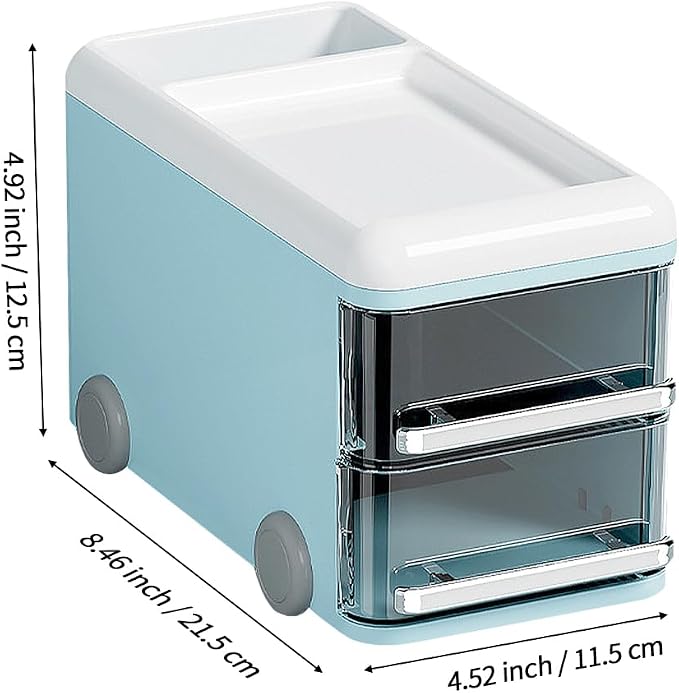 LETURE Cute Desk Organizer with drawers, Plastic Desktop Storage for Business Card/Pen/Pencil/Mobile Phone/Stationery Holder Box, Desktop Organizer for Office School Home (Blue)