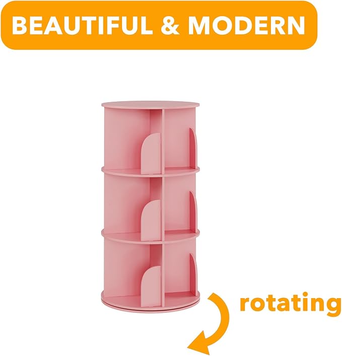 SpaceAid 3 Tier Rotating Bookshelf Tower, Spinning Bookcase Lazy Susan, Revolving 360 Book Shelf Storage Round Carousel, Vertical Rotate Turning Spiral Corner Organizer, Pink