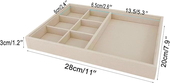 Premium Grade Beige Velvet Jewelry Organization Tray Multifunction 6 Grid Open Tray Drawer Insert Closet Divider Stackable Organizer