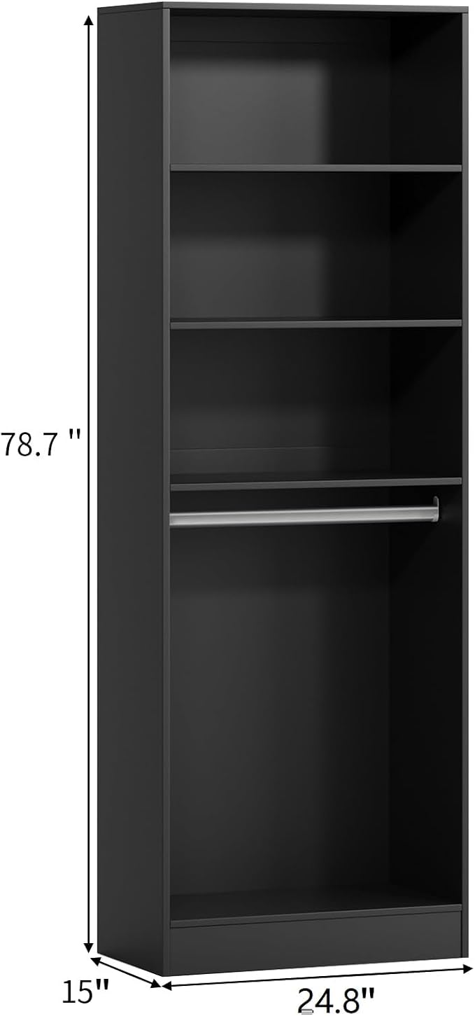 VOWNER 25'' Closet Organizer System Small Freestanding Closet System | 3 Adjustable Shelves, 1 Hanging Rod, Black Modular Closet System for Small Closet, Space-Saving, Easy Assembly