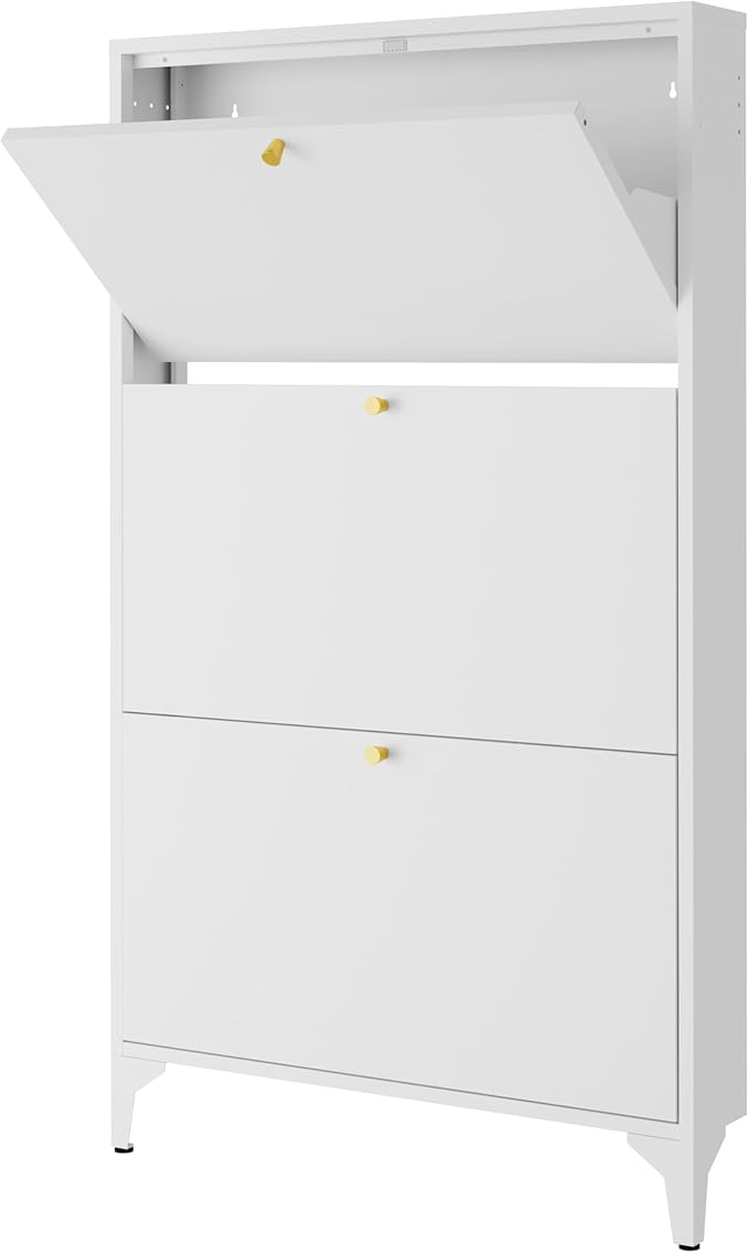 Freestanding Shoe Cabinet with 3 Flip Drawers-Metal Narrow Shoe Rack for Entryway,Hallway,Living Room-Hidden Metal Shoe Cabinet (3 Door, White)