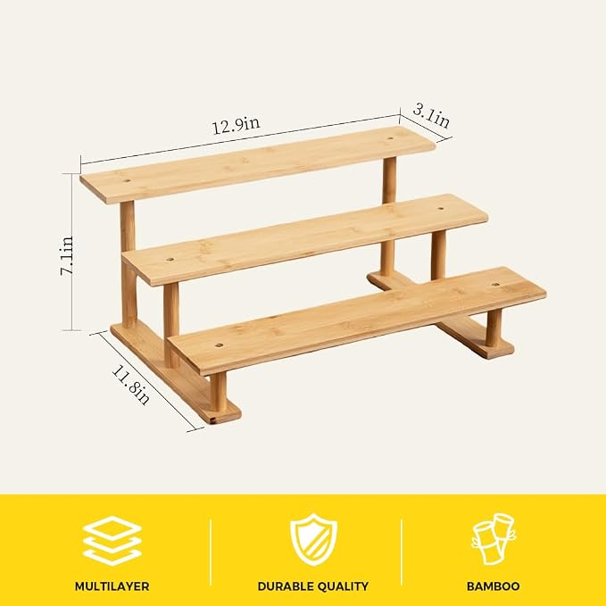 CROISSANT Bamboo and Wood 3 Tier Cupcake Stand, Food Display Risers for Party , Statues and Lego Displays, Cologne Stand, Perfume Display Stand（3 Tier，4Pack）