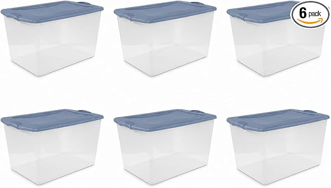 66 Quart Clear Plastic Storage Container with Latch Lid, Blue, 6 Pack | Clear Base & Lid, Secure Blue Latches, Recessed Stacking, 66Qt Capacity, BPA-Free Plastic