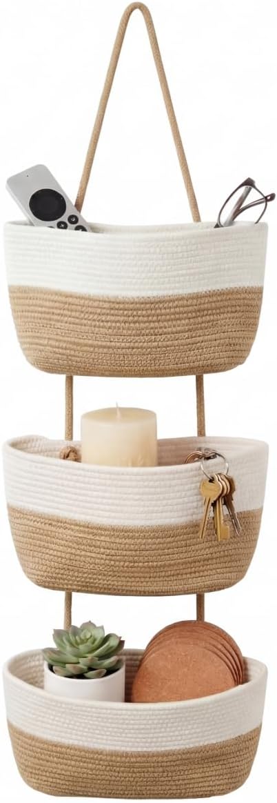 Hanging Basket, Woven 3 Tier Over Door Basket with 4 Hooks | Hanging Storage Basket for Door, Wall, Nursery, Bathroom, Bedroom, Decorative Over Door Basket Organizer for Stuffed Animals