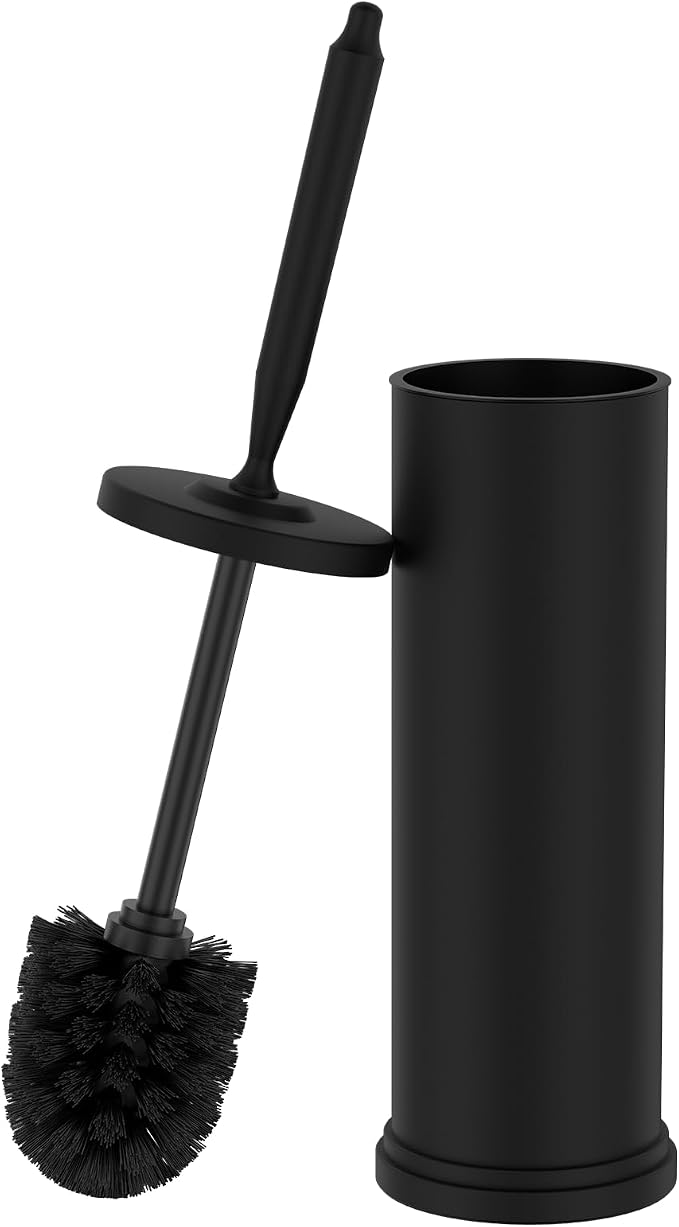 Stainless Steel Toilet Brush and Holder Set : Weighted Stable Base, Removable Inner Tube.Long Handle Toilet Bowl Brush Splash-Proof Design for Deep Cleaning & Space-Saving Storage,Black