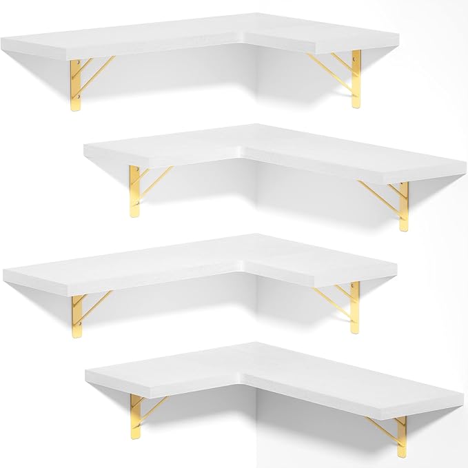 Love-KANKEI Corner Wall Shelf Set of 4,Solid Wood/Bracket,16.5"x 11",White | Easy to Install,Floating Wall Shelves,40 Lbs/shelf,For Bedroom Living Room Bathroom Kitchen Office,Storage Display,Wall Decor