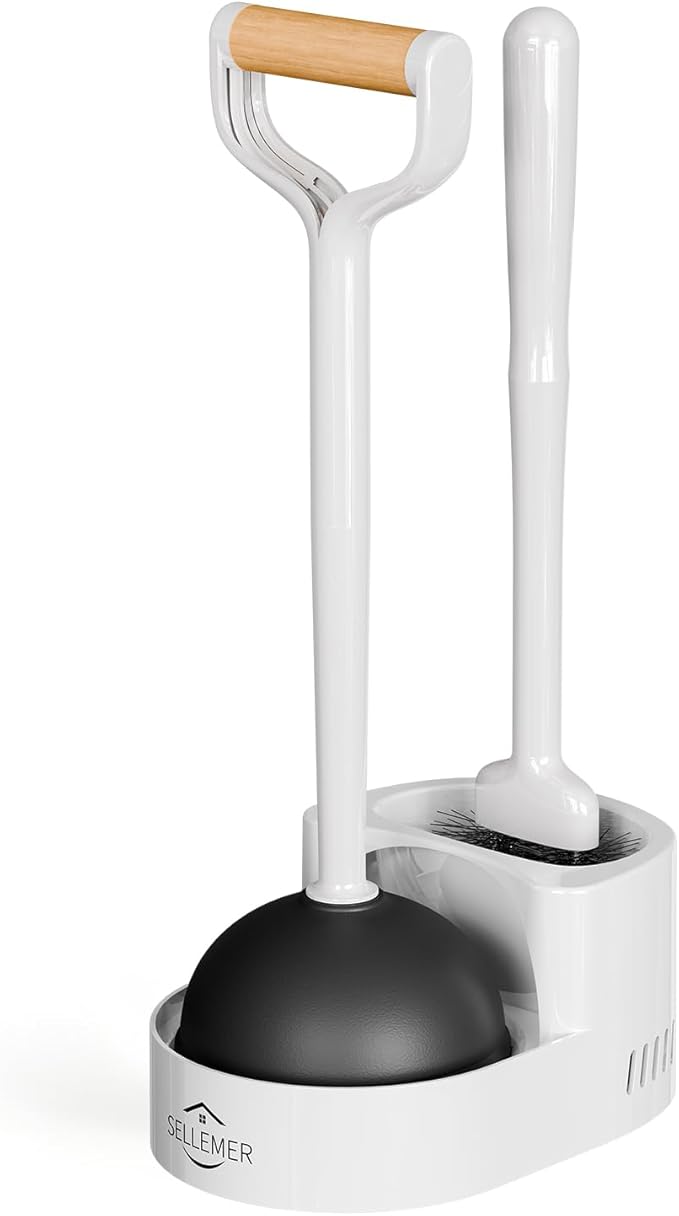 Sellemer Toilet Brush and Plunger Set, Curved Head for Deep Cleaning, White | Brush and Plunger set, Curved Nylon Bristles for Deep Clean, Strong Suction Plunger, Ventilated Holder for Quickly Air Dry