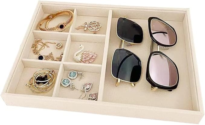 Premium Grade Beige Velvet Jewelry Organization Tray Multifunction 6 Grid Open Tray Drawer Insert Closet Divider Stackable Organizer