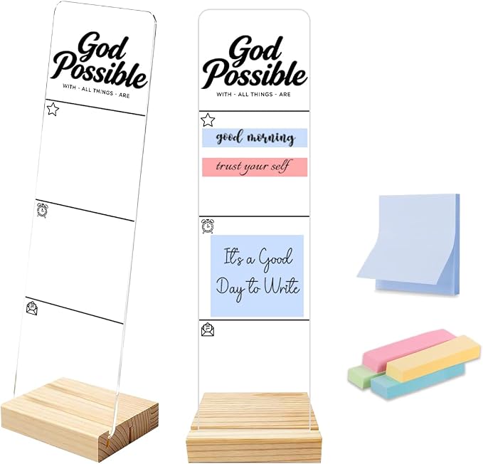Sticky Note Holder, Monitor Memo Board, Sticky Note Board for Desk, Acrylic Desk Buddy with Wooden Base, Includes 200 Notes, Religious “with God All Things are Possible”